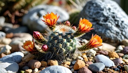 Vibrant orange flowers on a small cactus surrounded by rocks, gracefully placed on a wooden table