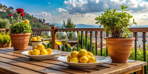 Lemons and Wine on a Wooden Terrace, Italy, Outdoor Dining , Terrace , Summer