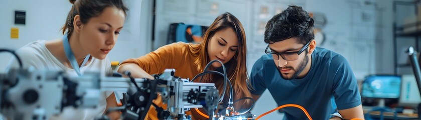 Three engineers collaborate on a robotics project, showcasing teamwork and innovation in a modern workspace.