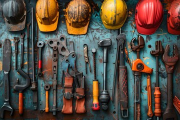 Wall Mural - A Colorful Array of Tools and Hard Hats on a Rustic Background