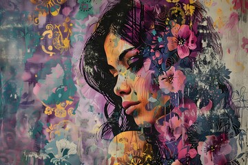 Vibrant Portrait of a Woman Surrounded by Colorful Floral Patterns