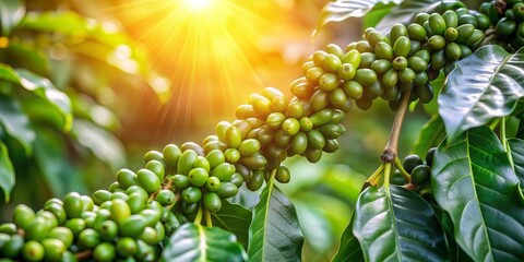 Sunlight Illuminating Green Coffee Beans on a Branch, Coffee Plant, Coffee Bean, Coffee Farm