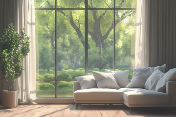 Wall Mural - Minimal sofa at window with garden view