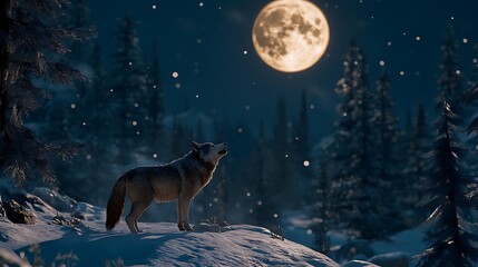 A close-up of a wolf howling under the full moon in a snowy forest