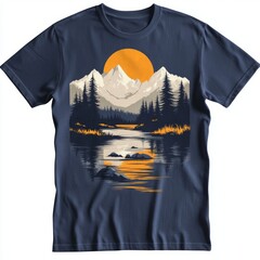 Sticker - A graphic t-shirt featuring a serene mountain landscape with a sunset reflection on water.