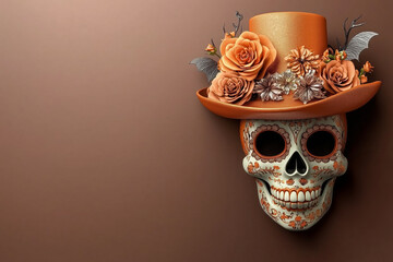 a sugar skull with floral embellishments and a glittery orange hat on a brown backdrop, the skull is adorned with roses and bats, capturing the festive essence of Día de los Muertos or Halloween.