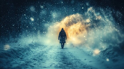 Poster - A figure walks through a snowy landscape, surrounded by swirling light.