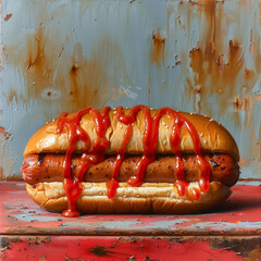 Wall Mural - A hot dog with mustard and ketchup drizzled on a soft bun