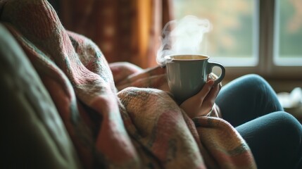 Wall Mural - Cozy individual wrapped in a blanket with a steaming cup of tea near a window on a chilly afternoon