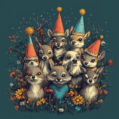 Sticker - A group of adorable animals wearing party hats surrounded by flowers.