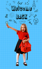 Sticker - Cute little schoolgirl with backpack and pencils on orange background