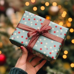 Sticker - A hand holding a beautifully wrapped gift with festive polka dots and a glittery ribbon.