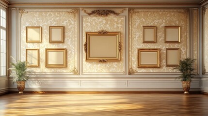 vintage-style interior concept featuring golden ornate frames on wallpapered walls for a heritage-inspired look great as a banner mockup