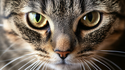 close up face portrait of a grey blown cat with big green eyes