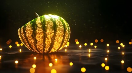 Wall Mural - Illuminated golden watermelon with dark lighting pattern image