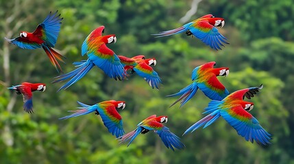 Canvas Print - A flock of colorful macaws flying over a dense rainforest canopy