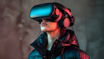 Immersive experience of a woman exploring virtual worlds in a sleek black jacket with a VR headset