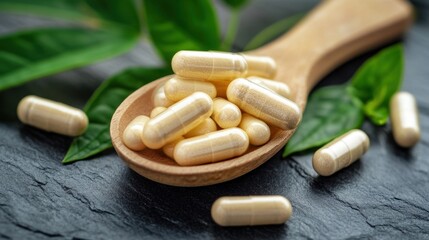 Herbal supplements in capsules on a wooden spoon with green leaves on dark background