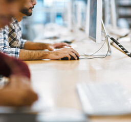 Aufkleber - People, education and computer lab in university with assignment, project and deadline in IT course. Students, technology and scholarship in college with desktop, internet and software for research