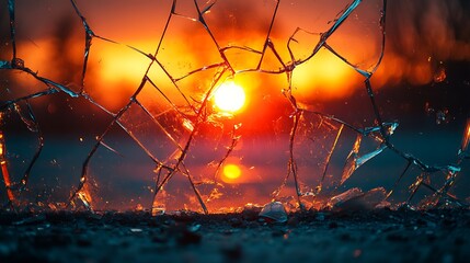 Sticker - A vibrant sunset viewed through a shattered windowpane, with the setting sun's orange glow illuminating the broken glass.