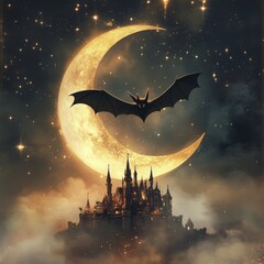 Sticker - A mystical castle under a crescent moon with a bat flying above, evoking a fantasy atmosphere.