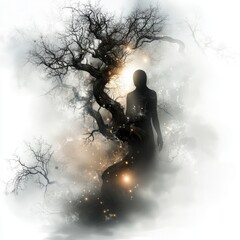 Poster - A mystical silhouette entwined with a tree, surrounded by ethereal light and fog.