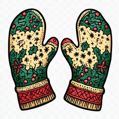 Sticker - A pair of festive Christmas mittens with a colorful design.