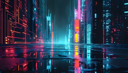 Wall Mural - Mysterious cyberpunk cityscape with dark ambiance and digital circuits mirroring on rain-soaked pavement