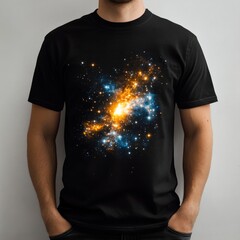 Sticker - A person wearing a black t-shirt featuring a vibrant galaxy design.