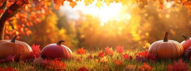 Autumn background with pumpkins and red leaves on grass in an autumn forest at sunset Beautiful nature scene of the fall season, with warm sunlight Generative AI