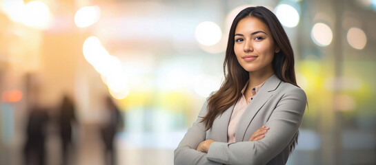 Wall Mural - confident young woman in office with arms crossed over chest Generative AI