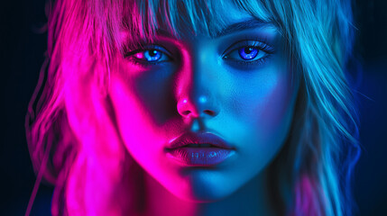 Wall Mural - young woman in neon light Generative AI