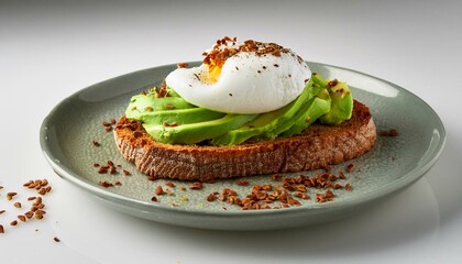 Wall Mural - A neatly arranged plate with avocado toast, sprinkled with chili flakes and a poached egg on