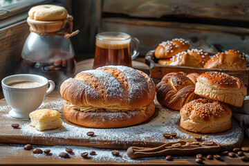 A table with a variety of pastries and coffee cups.