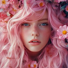 Wall Mural - A portrait of a young woman with pink hair surrounded by vibrant flowers.