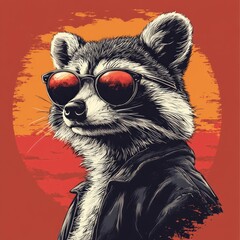 Canvas Print - A raccoon wearing sunglasses and a jacket against a colorful sunset background.