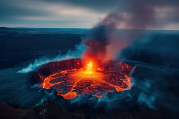 Hot lava erupts from Kilauea volcano, creating glowing rivers of molten rock and ash plumes against a twilight backdrop