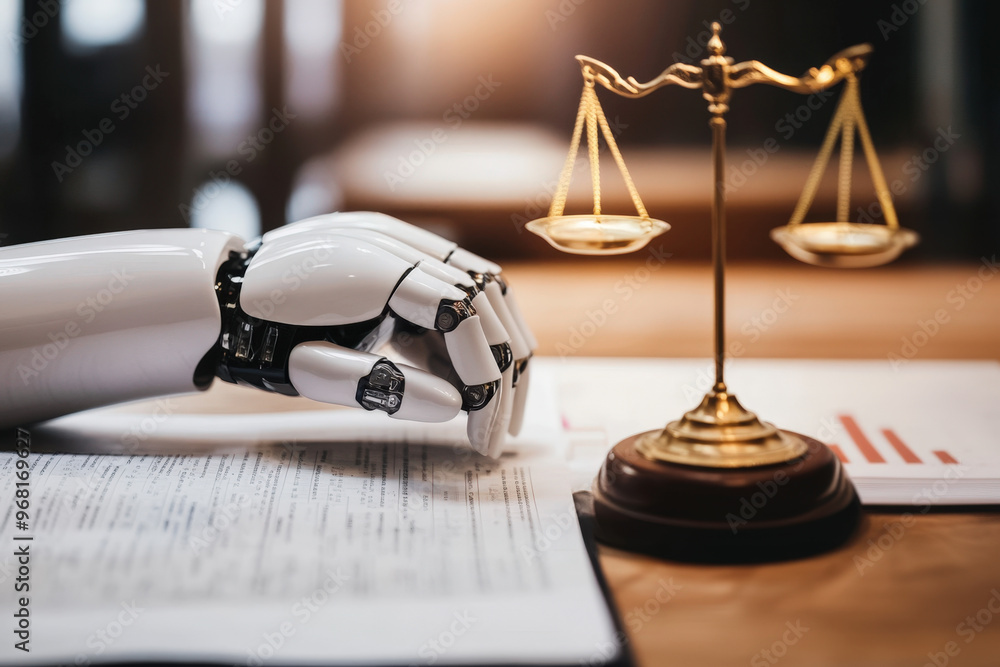 Robot hand analyzing legal documents with scales of justice ...