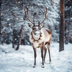 Wall Mural - A reindeer adorned with decorative bells stands amidst a snowy forest, creating a serene winter scene.