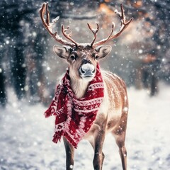 Wall Mural - A reindeer wearing a festive scarf in a snowy landscape, evoking a winter holiday spirit.