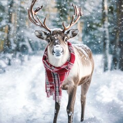 Wall Mural - A reindeer wearing a red scarf stands in a snowy forest, creating a whimsical winter scene.