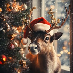 Sticker - A reindeer wearing a Santa hat beside a decorated Christmas tree in a cozy setting.