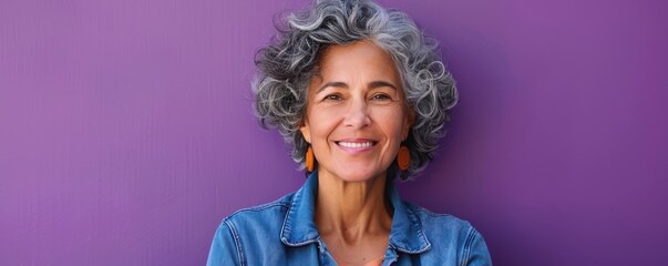 Wall Mural - A confident senior woman with a bright smile, standing against a purple background in a casual denim jacket. Free copy space for banner.