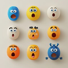 Wall Mural - Emoji faces in flat design showing surprise and shock, with wide eyes and open mouths, each face rendered with minimal shading and bright colors