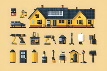 Wall Mural - Colorful Illustration of a House with Tools and Equipment for Home Improvement