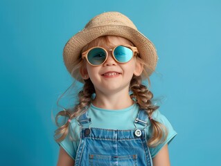 Cute little girl on blue background. Kids fashion concept