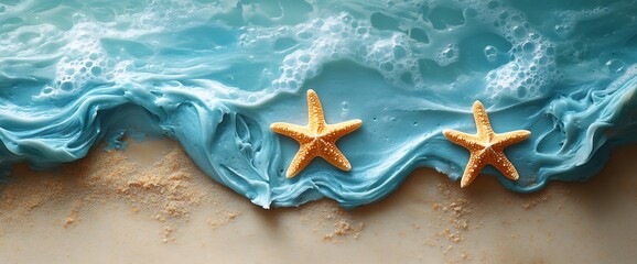 Close-up of two starfish on a sandy beach with blue water and foam.