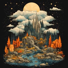 Sticker - A serene autumn landscape featuring a moonlit scene with mountains, trees, and a flowing river.