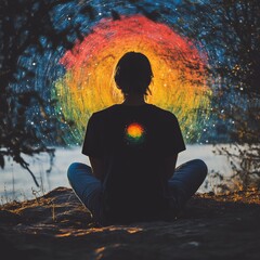 Canvas Print - A serene figure meditating by a lake, surrounded by vibrant cosmic colors.