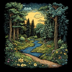 Canvas Print - A serene forest scene with a winding river, flowers, and tall trees under a twilight sky.